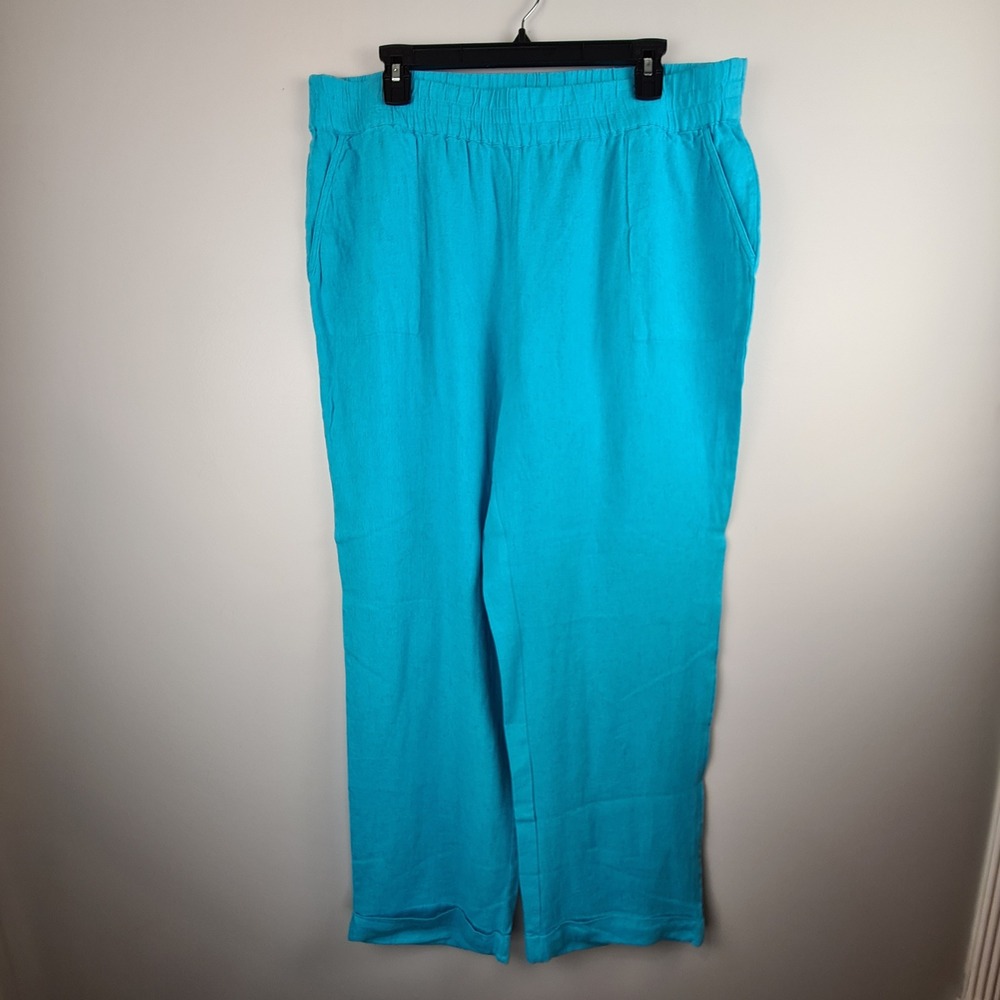Naturals d&co Turquoise Blue Linen Blend Wide Leg Pants Womens Size LT Tall